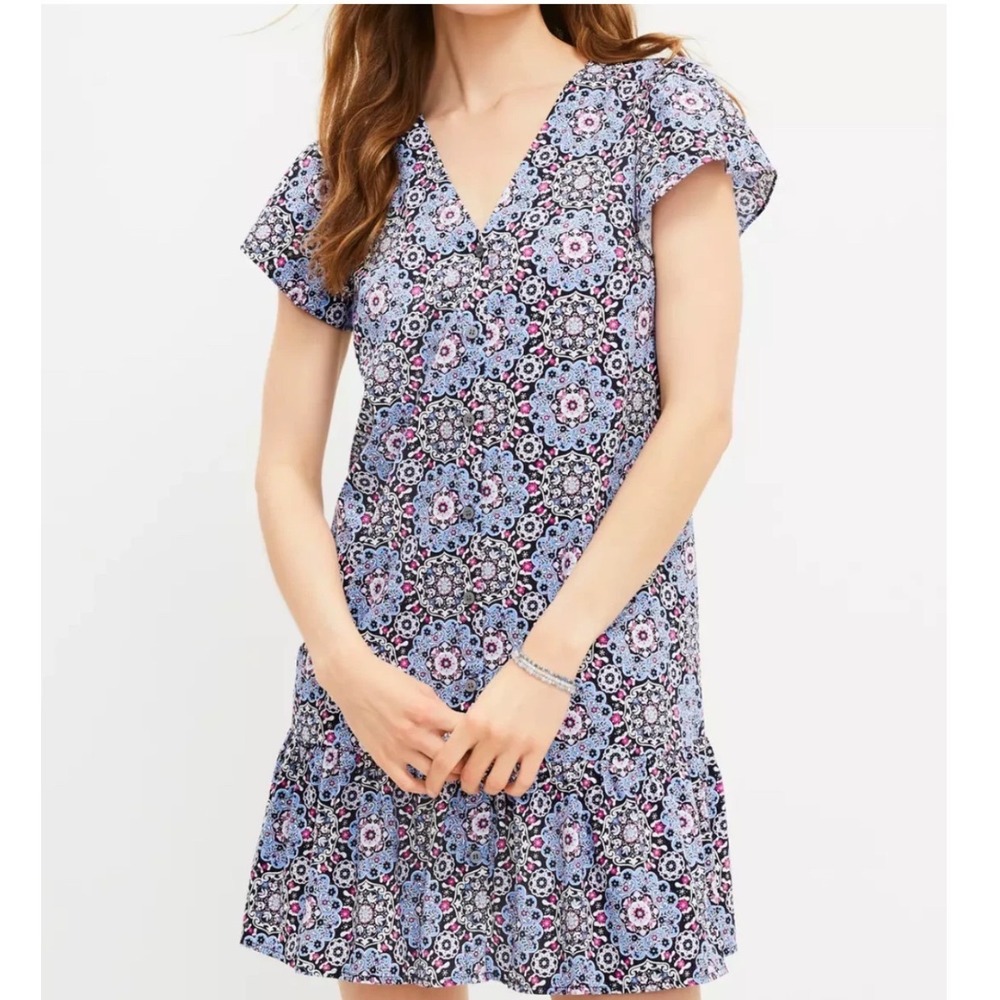 LOFT Blue Pink Medallion Tile Print Tiered Ruffle Mini Dress  Boho chic XS